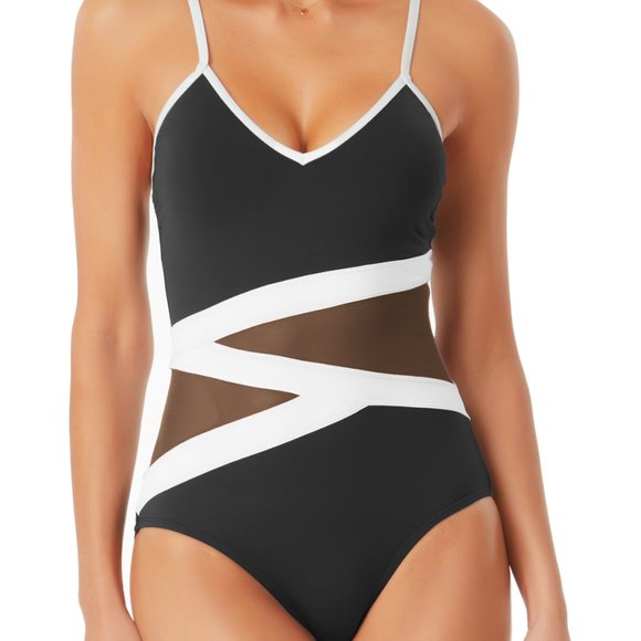 NWT Anne Cole Colorblock Mesh One piece Swimsuit Black White 14 16 - Picture 2 of 4